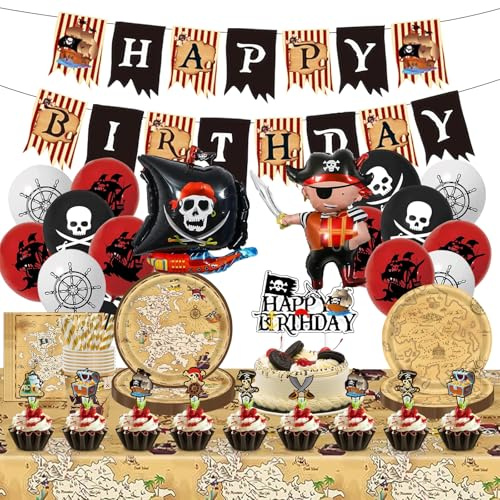 Piraten Deko Kindergeburtstag Set: Piraten Geburtstag mit Großen Piratenschiff-Folienballons Papptellern Strohhalmen Servietten Tortenständer für Piratenparty für 16 Gäste (Pirate)
