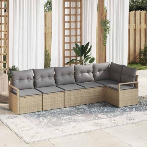 Bucmath Garten Sofa Set 6-teilig, Beige Poly-Rattan, Modular, für Terrasse, Balkon, UV-beständig, 660 kg max. Gewicht, Outdoor Wohnlandschaft