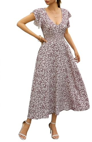 Fisoew Robe d'été à manches courtes et col en V pour femme - Motif floral - Ligne A - Robe décontractée - Robe midi élégante à manches volantes