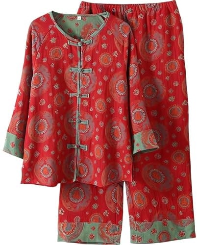 Fopytu Ensemble Pyjama Femme Style Chinois - Pyjama Traditionnel en Coton À Boutons Brandebourg Col Mandarin, Ensemble Cadeau Vêtements D'intérieur Vintage
