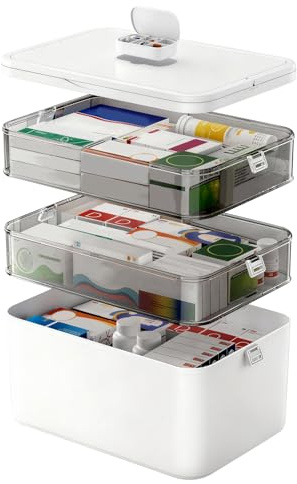 MFUSUL Scatola Portaoggetti per Medicinali a 3 Ripiani, Grande Scatola per Medicinali con Manico e Scomparti Rimovibili, Organizer per Famiglia, Ufficio, Scuola e Viaggi, Bianco