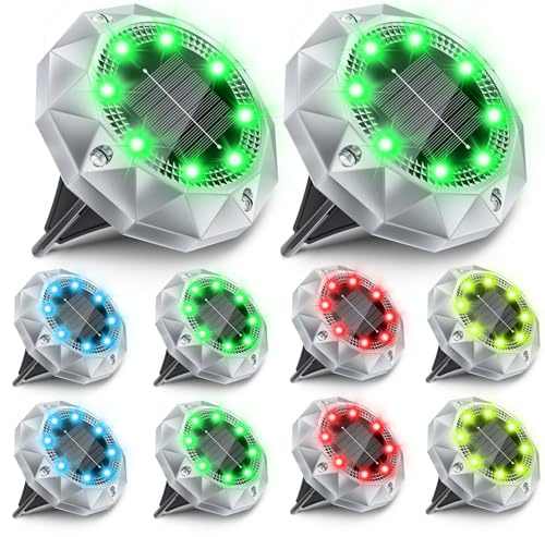 FIFlying RGB-Solar-Bodenleuchten für den Außenbereich, IP65 wasserdicht, Diamant-LED-Gartenleuchten – Auto-On/Off-Wegbeleuchtung für Auffahrt, Terrasse, Rasen und Landschaftsdekoration, 8 helle LEDs