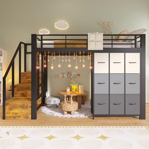 Lexiou Letto a soppalco da 140 x 200 cm, in metallo, con cassetti, asta appendiabiti, ringhiera, scala con vano portaoggetti, senza materasso, per adolescenti, bambini e adulti (nero, 140 x 200 cm)