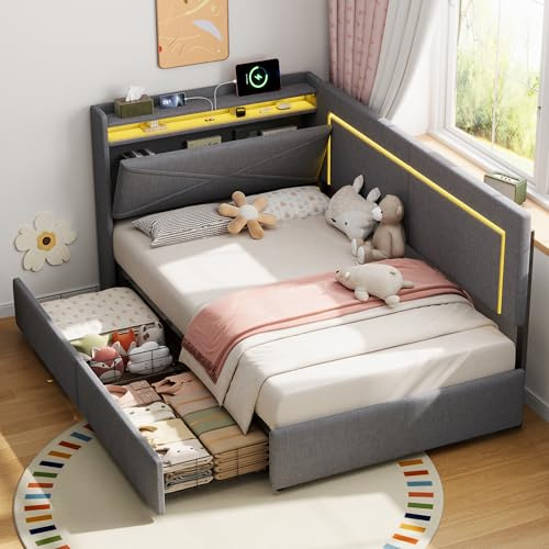 Mrwoo 3ft Single Daybed with 2 Storage Drawers, Upholstered Sofa Bed Frame with LED-Concealed Headboard Storage and Charging-Station, Grey, 90X190cm, (No Mattress)