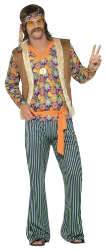 Smiffys 60er-Jahre Hippie-Sänger-Kostüm Herren, mehrfarbig, mit Oberteil, Weste, Hose, Gürtel und Stirnband