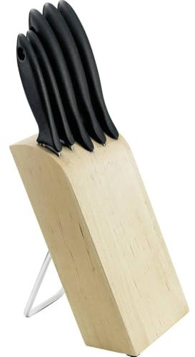 Fiskars Messerblock mit 5 Messern, Essential, Inklusive Gemüsemesser, Schälmesser, Kochmesser, Santoku-Kochmesser und Brotmesser, Breite: 16 cm, Länge: 8 cm, Höhe: 38 cm, Birkenholz, 1023782