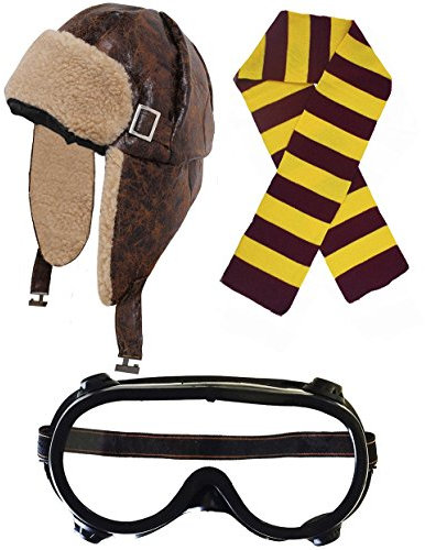 I LOVE FANCY DRESS KAMPFFLIEGER/RUSSEN VERKLEIDUNG KOSTÜM+Schwarze Googles+SCHAL IM Retro Stil = DIE MÜTZE HAT HELLES TEDDYFELL AUF DER Innenseite= Kunstleder OHRKLAPPEN =Kastanie/Goldner SCHAL