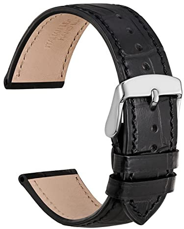 WOCCI 20mm Uhrenarmband Leder für Damen und Herren, Geprägtes Alligator, Silberne Schnalle (Schwarz)