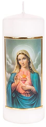 FRITZ COX Katholische Kerze mit Herz-Maria Darstellung - 44 Std. Brenndauer - Qualitätskerze - 6x15cm - Handveredelte Folienmotive und Wachs-Gold-Rahmen