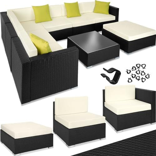 tectake® Poly Rattan Lounge, Garten Loungemöbel Set für 6 Personen, große Sitzgruppe mit L-Form Sofa und Esstisch Outdoor, Gartenmöbel wetterfest, Terrassenmöbel inkl. Hocker und Kissen - schwarz
