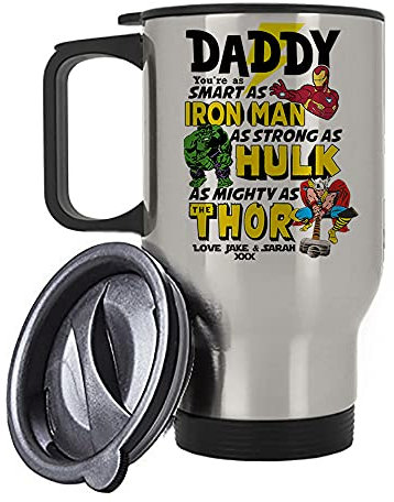 Daddy You’re My Favourite Super Hero Gift Personalised Mug from Son/Daughter Any Name Fathers Day, Birthday, Godfather, Silver/White Insulated Travel Tea/Coffee Mug. (Silver)
