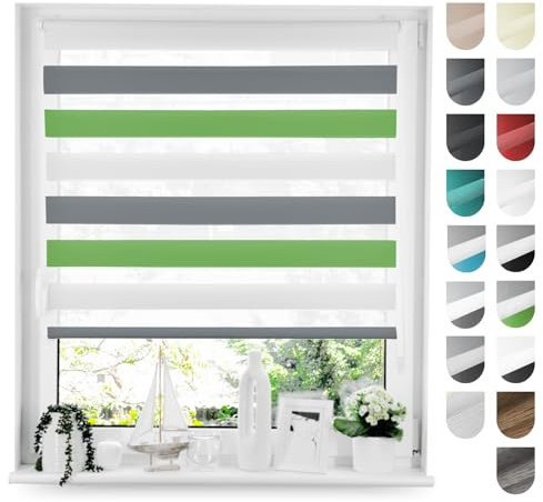 Tom'Shop Doppelrollo Klemmfix ohne Bohren Grün-Weiß-Grau 70cm x 220cm | Duo Rollo mit Klemmträger Fensterrollo Seitenzugrollo für Lichtschutz Sichtschutz Sonnenschutz leichte Montage