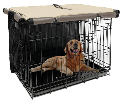 Dog Kennel Cover 42 Inch, Crate Covers for Large Dog Cages with1 2 3 Doors, Privacy Waterproof 600D Oxford Fabric Indoor/Outdoor Khaki (Only Cover)