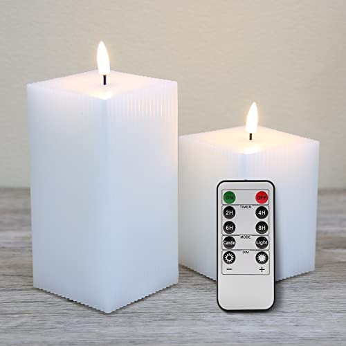 Eywamage White Square LED Candles with Remote, Battery Operated Real Wax Candles Set of 2