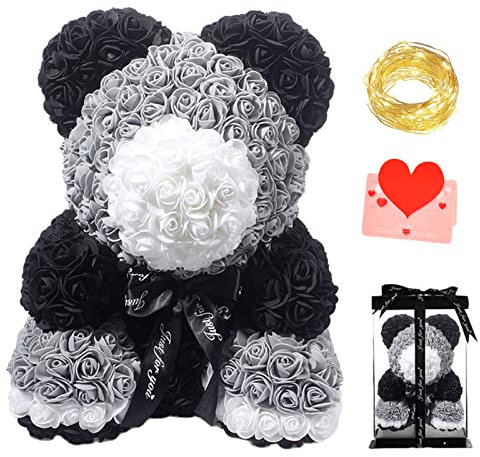 xixi-home Orso di Rose 10 pollici Orsacchiotto Composto da Rosa Artificiali Regali per le Donne Confezione regalo Trasparente Inclusa Luce Led,Regali san Valentino (Bianco e Nero)