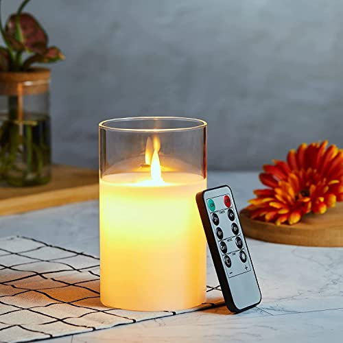 LED Kerzen, Flammenlose Kerzen Flackern, LED Kerzen Flackernde Flamme mit Glas, LED Kerzen mit Fernbedienung, Echtwachssäule Kerzen, Batteriebetriebene LED Kerzen mit 24 Stunden Timer-15cm Weiß