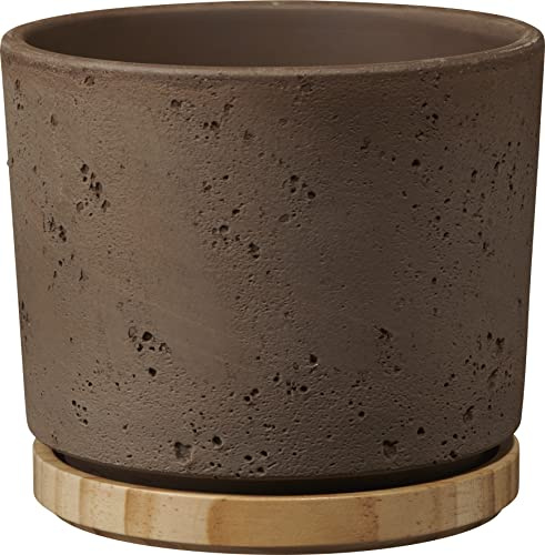 Soendgen Keramik Blumentopf, Paros Deluxe, sandgrau/Holz, 16 x 16 x 14 cm, 1551/0016/2121