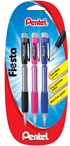 Pentel Fiesta II AX127 Porte-mines 0,7 mm, Blister x3 assortis (noir, rose, bleu)