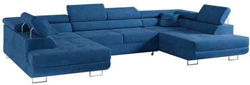 MKS MEBLE Sofa Blau Wohnzimmer - Wohnlandschaft - U-Form Couch mit Schlaffunktion - Schlafsofa mit Bettkasten - Wohnzimmer U Couch - Polstersofa mit Bettkasten - Gustaw U Dunkelblau Kronos