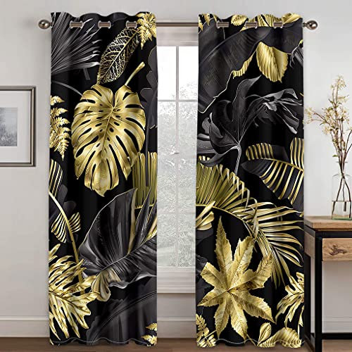 DONGSHAN Doré Feuille De Palmier Rideau Occultant - Rideaux Isolant Thermique a Oeillet - Lot de 2 Rideau Opaques Anti Bruit - pour Salon Chambre Enfant Fenetre - 140x200 cm (L x H)