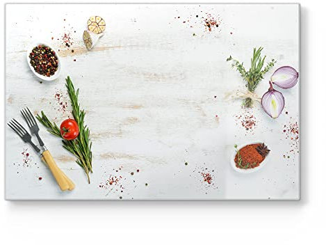 DEQORI Schneidebrett aus Glas | groß 30x20 cm | Motiv Küchenkräuter und Gewürze | Design Schneideplatte für Küche | Frühstücksbrett antibakteriell & rutschfest | Glasplatte & Servierplatte