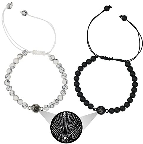 Ich liebe dich in 100 Sprachen Projektion Armband Perlen Paar Armband Paar Geschenke für Freund und Freundin (Black-White)