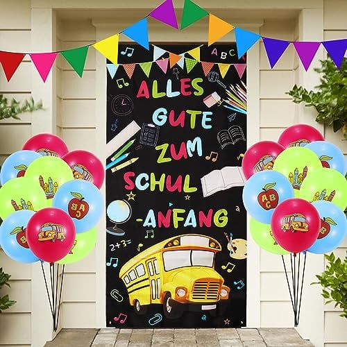 Einschulung Deko Banner, Alles Gute Zum Schulanfang Deko Banner, Schulkind Deko Banner mit Luftballons + Wimpelkette Einschulung, Banner Einschulung für Eröffnungsfeiern Fotokulisse 90 * 185cm