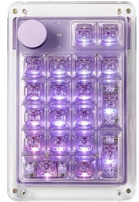 KiiBoom Phantom 21 Hot Swappable Crystal Acrylic Numpad, BT5.0/2.4GHz/USB-C Triple Mode NKRO Programmable Numeric Keypad with Knob, South-Facing RGB, 1900mAh Battery for Win/Mac (Purple)