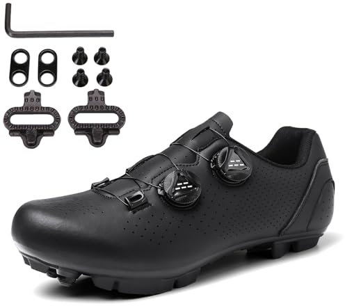 PENXZT MTB Schuhe Herren Radschuhe Fahrradschuhe Kompatibel mit Shimano SPD 2-Bolzen Pedalen mit Cleats, Mountainbike Schuhe mit Schnalle,Schwarz,44 EU