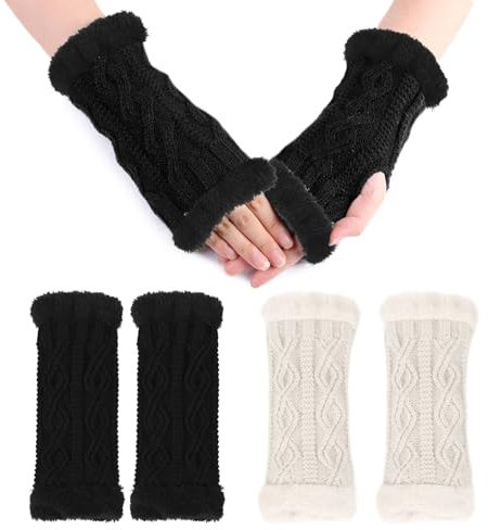 XNIVUIS 2 Paire Schwarz Weiß Damen Fingerlose Handschuhe Winter Warme Handschuhe Strickhandschuhe Gestrickte Warme Pulswärmer Damen Fleece Gefütterte Fingerhandschuhe für Frauen Mädchen (Schwarz Weiß)