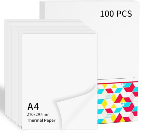 Lot de 100 Feuilles de Papier Thermique A4 pour 210 x 297 mm Compatible avec Phomemo M08F/M832/M833/M834/M835 imprimante mobile, à séchage rapide pour contrat, photos, dessins, devoirs