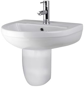 Balterley 500mm Bathroom Sink, Semi Pedestal Ceramic Round Bowl Bathroom Wash Basin Sink with Overflow, 1 Tap Hole, Wall Mounted Basin Sinks for Cloakroom - 500 x 416 x 466mm (White)