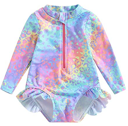 Toddler Baby Girl Swimming Costume Long Sleeve Zip Up Ruffle Mermaid Swimsuit Fish Scale Pattern Sun Protection Rash Guard Swimwear One Piece Bathing Suits Summer Beachwear (Blue Pink, 2-3 Years)