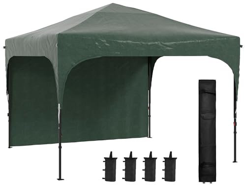 Outsunny Faltzelt 3x3m Garten Pavillon mit Verstellbarer Höhe 1 wasserdichte Seitenwand 4 Sandsäcke und Tragetasche Gazebo für Outdoor Patio Parties Grün