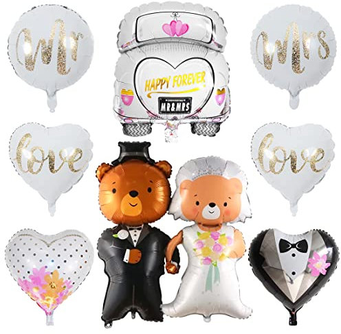 Mr Mrs Love Folienballon, 9 Stück Hochzeit Themenballon, Hochzeitsauto süßer Bär Ballon, Luftballons Hochzeit Set für Hochzeitsfeier Verlobung Brautpaar Anniversary Heiratsantrag Dekoration