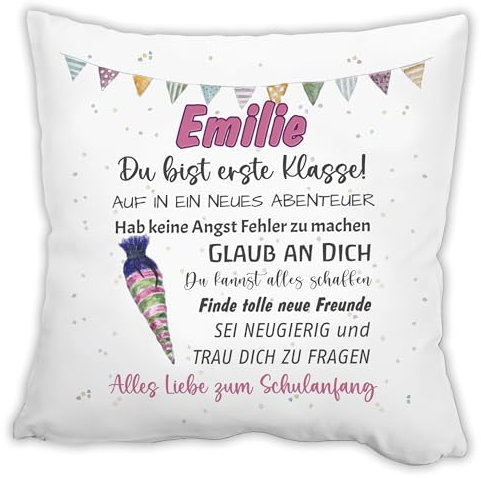 Unikatolo Kissen Schulkind PINK mit Name personalisiert | individuelles Geschenk zur Einschulung für Kinder Kinderzimmerdeko Namenskissen zum Schulstart, Schulanfang Schultüte