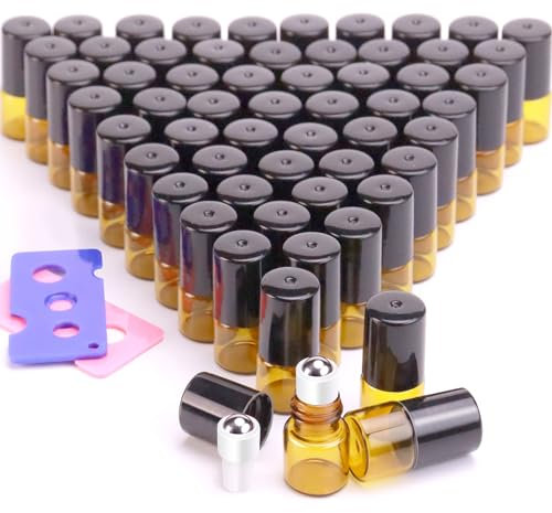 Matifaner 60 Pack 1ml Amber Glass Roll on Bottle For Essential Oils,Perfume Vial with Stainless Steel Roller Ball,Black Caps Mini Sample Vials Cosmetics Small Container, roll-1ml