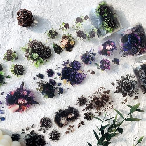 Washi Tape Set 3 Rollen,Vintage Blumen PET Tapes Transparente Aufkleber für Scrapbooking, Journaling,Bullet Journals, Planner,Mobiltelefone, Fotoalben DIY(Gothic Garden 1)