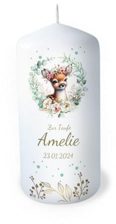 Kerze Taufe individuell mit Namen als Tischdeko. Tischdekoration Taufe als Geschenk personalisierbar. Liebevolle Kerze Fish Brenndauer: 35 Stunden, Ø 6 x Höhe 16,5 cm