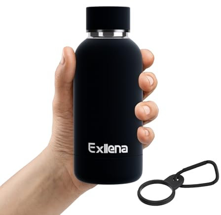 Exllena Double Wall Vacuum Insulated 350ml Bottle with Clip - Keeps Drinks Cold/Hot Up to 24/12 Hrs - BPA Free (Black)