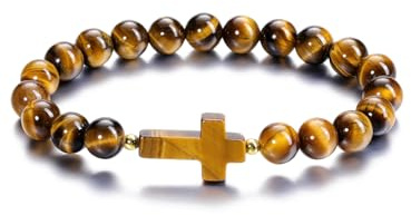 PiercingJak 8mm Bracelet Croix Élastique Perles en Pierre Naturelle Homme | Bracelet Perles Rondes en Pierre Oeil de Tigre/Obsidienne Noire avec Charme Croix Cruficix Chetienne Design Élastique Unisexe