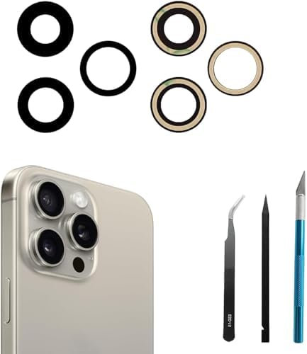 Peixiong Lot de 3 objectifs de caméra arrière de rechange pour iPhone 15 Pro, objectif de caméra arrière de rechange avec kit d'outils de réparation, anti-rayures et résistant à l'eau