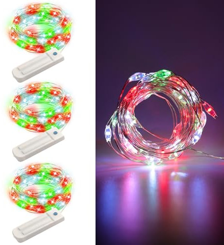 ANGMLN 3 Stück Lichterkette Weihnachten Batterie mit Timer, 2.5M 50 LED Rot Grün Weiß Innen Lichterketten Kupferdraht, Wasserdicht Weihnachtliche Lichterkette für Zimmer Garten Krüge Außen Dekoration