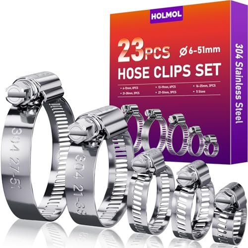 HOLMOL Hose Clips 23PCS, Adjustable 6-51mm Range Hose Clamp Set, 304 Stainless Steel Pipe Clips, Worm Drive Hose Pipe Clips, Pipe Clamps Clips for Hose Pipe Tube, Water Pipe, Automobile Pipe