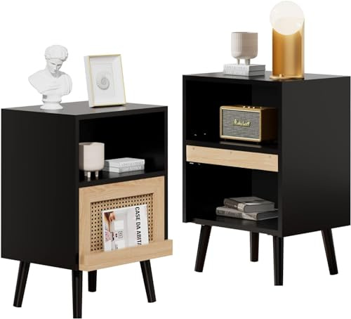 UEV Nachttisch Rattan 2er Set Boho Stil, Nachtschank Holz mit offenem Regal Beinen Sofatisch Nachtkommode nightstand Beistelltisch für Wohnzimmer Schlafzimmer, 40 x 30 x 60cm, Schwarz