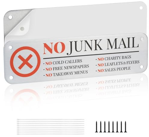 No Junk Mail Sticker for Letterbox 2Pcs, Mellbree Self Adhesive Aluminum Sign for Front Door Wall Signs Rust Free UV Resistant and Waterprooff 16 * 4.5cm