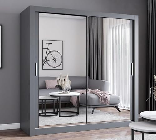 Easy4You MN Grau Schiebetürenschrank Kleiderschrank 203x215x64 cm mit Spiegel - Schlafzimmermöbel, Aufbewahrung – Mehrzweckschrank mit 4 Kleiderstangen