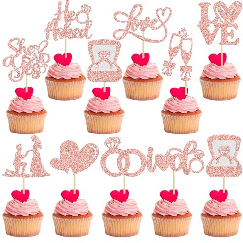 Ephlyn 30Pcs He Asked She Said Yes Cupcake Toppers Glitter Engagement Cupcake Toppers Diamond Ring Heart Love I Do Cupcake Picks for Engagement Wedding Party Cake Decorations Rose Gold