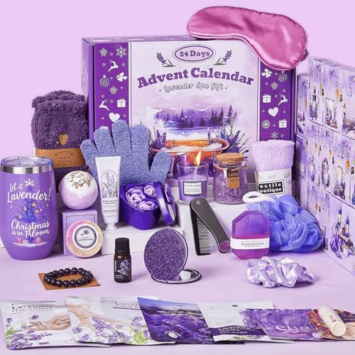 Adventskalender 2025 Erwachsene Frauen - 24 Tage Weihnachten Adventskalender für Mama, Frau, Freundin, Schwester, Sie - Lavendel Spa Geschenke Korb Set Enthält Kaffeetassen, Duftkerze, Badesalz, Seife