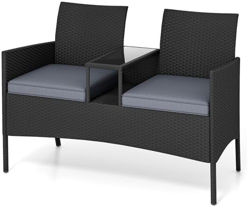 LIFEZEAL Rattan Gartenbank mit Tisch, Gartensessel Gartensofa für 2 Personen, Doppelbank mit Glastisch, 2-Sitzer Bank mit Kissen, Sitzbank Gartensitzbank für Balkon, Terrasse (Grau)